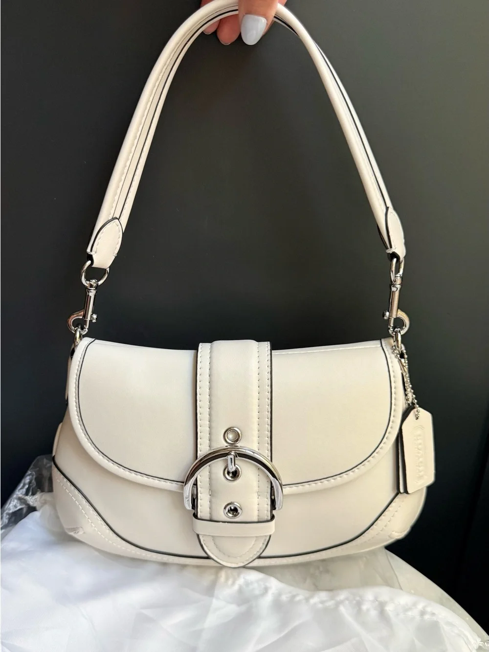 NWOT Coach Soho Flap Bag in Regenerative Leather Chalk White CR699 Silver